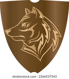 wolf head logo inside iron shield symbol of protection and bravery