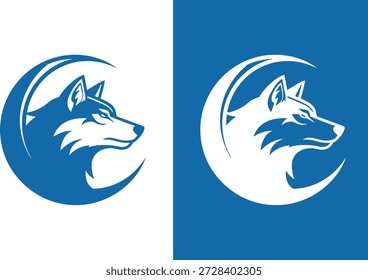 Wolf head logo integrated with a blue crescent moon shape on split backgrounds. Mystical and strong imagery for branding.