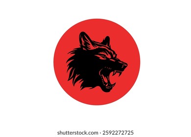 wolf head logo on a red moon on a white background