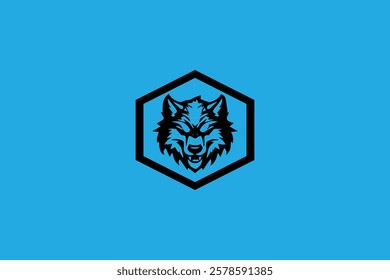 wolf head logo in a shield on a blue background