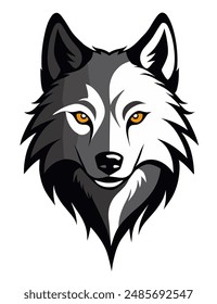 Wolf head logo or symbol black, white and grey. Can be used as emblem or mascot for sports or other products.