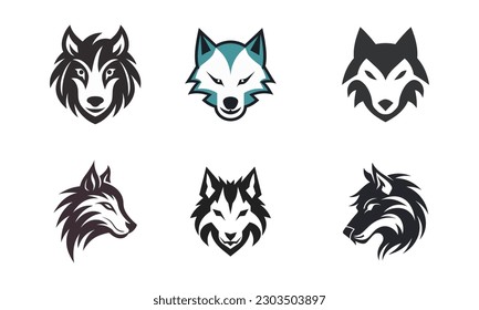 Diseño de ilustración de icono vectorial de la plantilla del logotipo de la cabeza de lobo. Colección de diseños de logotipo de lobo