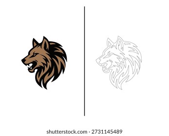  Ilustração do vetor do logotipo da cabeça do lobo, Emblema do mascote do lobo selvagem feroz no estilo plano e do contorno