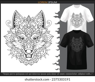 Wolf head mandala arts isolated on black and white t shirt.