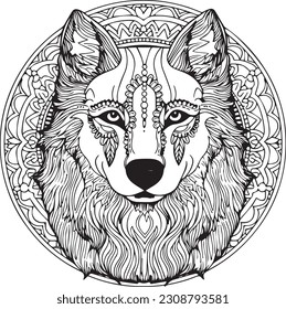 A wolf head with a mandala pattern coloring page. svg