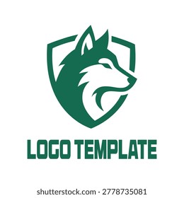 Wolf Head Mascot Logo with Green Shield for Security and Protection