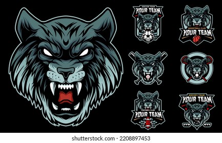 Wolf Head Mascot Logo With Logo Set For Team Football, Basketball, Lacrosse, Baseball, Hockey , Soccer .suitable For The Sports Team Mascot Logo .vector Illustration.