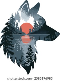 wolf head masking effects in nature with sun and river in jungle illustration