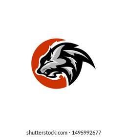 wolf head and moon mascot logo 