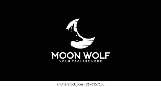 silueta de diseño del logotipo de la cabeza de lobo y de la noche de luna