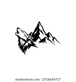 Wolfskopf und Bergsilhouette Logo auf weißem Hintergrund