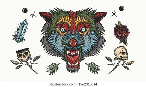 Wolf head. Old school tattoo. Halloween elements. Dark fairy tale art. Aggressive werewolf portrait, gothic tattooing style 