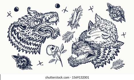 Wolf head. Old school tattoo collection. Werewolf in sheep clothing. Aggressive wolves traditional tattooing style. Gothic art. Dark fairy tale 