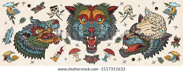 狼の頭 古い学校の入れ墨コレクション オオカミ人間は羊の服を着ていた アグレッシブなオオカミの伝統的な入れ墨 のベクター画像素材 ロイヤリティフリー