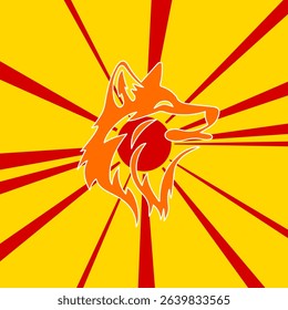 Wolf head on a background of red flash explosion radial lines. The large orange symbol is located in the center of the sun, symbolizing the sunrise. Vector illustration on yellow background