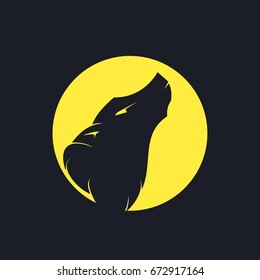 Wolf head on yellow moon. Mockup template animal symbol, logo, emblem or sticker for branding, printing, sports team. Vector illustration.