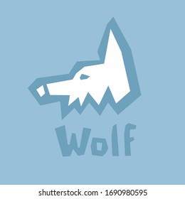 Wolf head profile icon, paper cut. Brutal modern style. Abstract silhouette on a blue with text. Interactive card for learning English alphabet. White icon, thick outline. Stencil cut lines, DIY