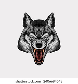 Wolf head roaring engraving artwork vector illustration
