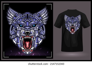 wolf head robot mascot. esport logo design with t-shirt preview