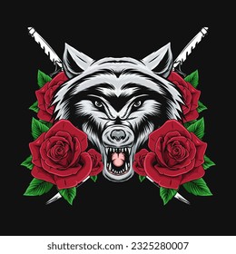 wolf head and rose vector drawing