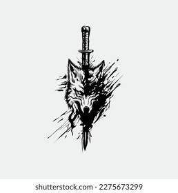 wolf head samurai black white line art
