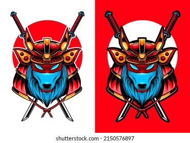 Wolf Head with Samurai Helmet. Samurai Deer Japanese Illustration Vector Isolated. Suitable for T-Shirt Design, Poster, Logo, and Wallpaper.