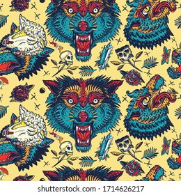 Wolf head seamless pattern. Aggressive wolves traditional tattooing background. Magic fairy tale style. Old school tattoo art. Werewolf in sheep clothing 