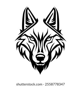 Wolf head with sharp Monogram icon vector logo, tribal-inspired features.