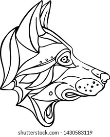 Wolf head. Side view. wildlife tattoo art, fantasy style. Vector isolated illustration.