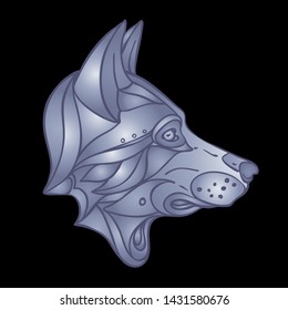 Wolf head. Side view. wildlife tattoo art, fantasy style. Vector isolated illustration.