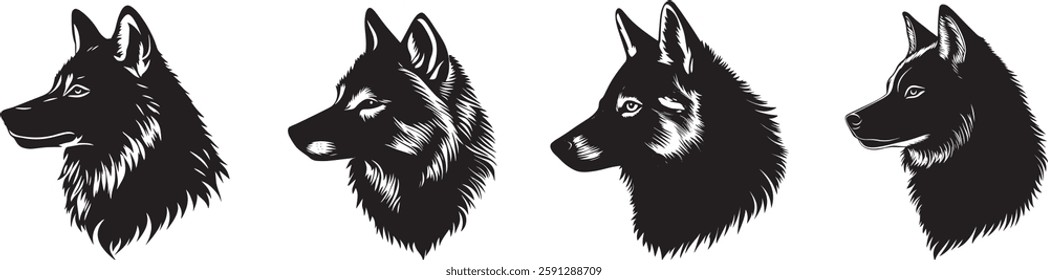 Wolf Head Silhouette Collection, Vector Illustration, Isolated on White Background