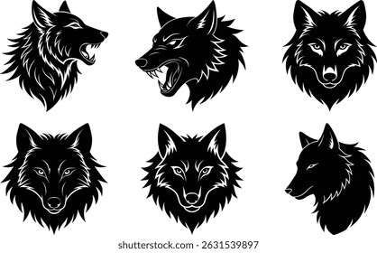 Wolf Head Silhouette Set with Bold Expressions, great for vector logos or apparel prints