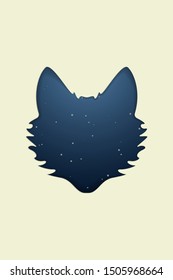 Wolf head silhouette with shimmer stars. Paper cut vector illustration. Vertical light design