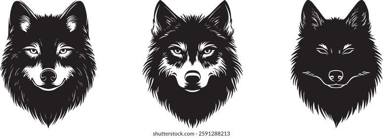 Wolf Head Silhouette Vector Illustration Set, Isolated on White Background