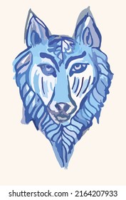Wolf head sketch in blue-gray tones for prints or posters. Cute decorative wolf symbol for emblems, embroidery, interior solutions, fabrics, textiles, logos, fashion trends, wallpaper, covers, etc.