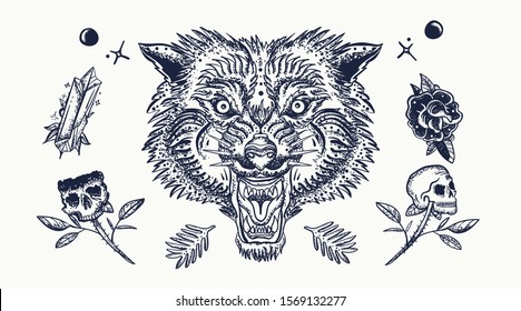 Wolf head, skull, flowers. Halloween elements. Old school tattoo. Dark fairy tale art. Aggressive werewolf portrait, gothic tattooing style 