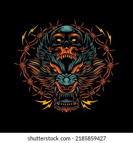 Wolf head and skull illustration