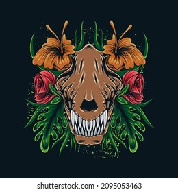 wolf head skull illustration in floral style for t shirt design and print