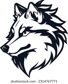 Wolf Head sports logo, black and white, for vinyl stickers, t-shirts, coloring book pages, engravings