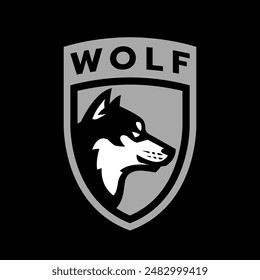 Wolf head, sports logo on a dark background.