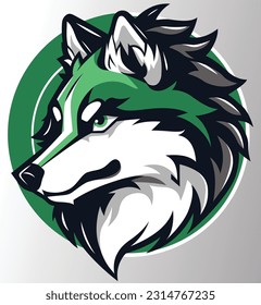 Logotipo deportivo de Wolf Head, capas de color separadas y fondo, para imprimir en carteles, camisetas, pegatinas, clíparte vectorial de perfil lateral.