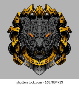 wolf head steampunk illustration with golden mecha and Tshirt design