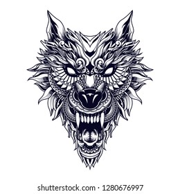 wolf head tattoo illustration and tshirt design