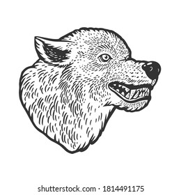 Wolf head tattoo sketch engraving vector illustration. T-shirt apparel print design. Scratch board imitation. Black and white hand drawn image.