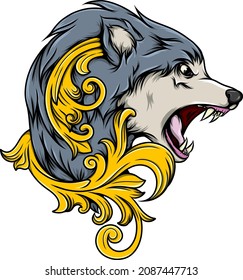 Wolf head tattoo in vintage baroque style of illustration