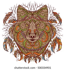 Wolf head with tribal aztec ornament in boho style. Tattoo art. Vintage hand drawn vector illustration.