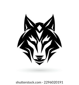 Wolf head tribal logo with a shadowy intensity, simplified forms and bold shapes on white background