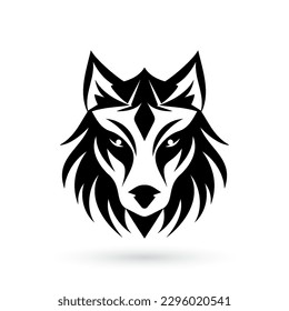 Wolf head tribal logo with a shadowy intensity, simplified forms and bold shapes on white