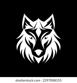 Logo tribal de cabeza de lobo con una intensidad sombría, formas simplificadas y formas en negrita sobre negro