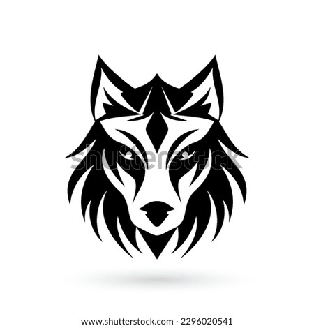 Wolf head tribal logo with a shadowy intensity, simplified forms and bold shapes on white